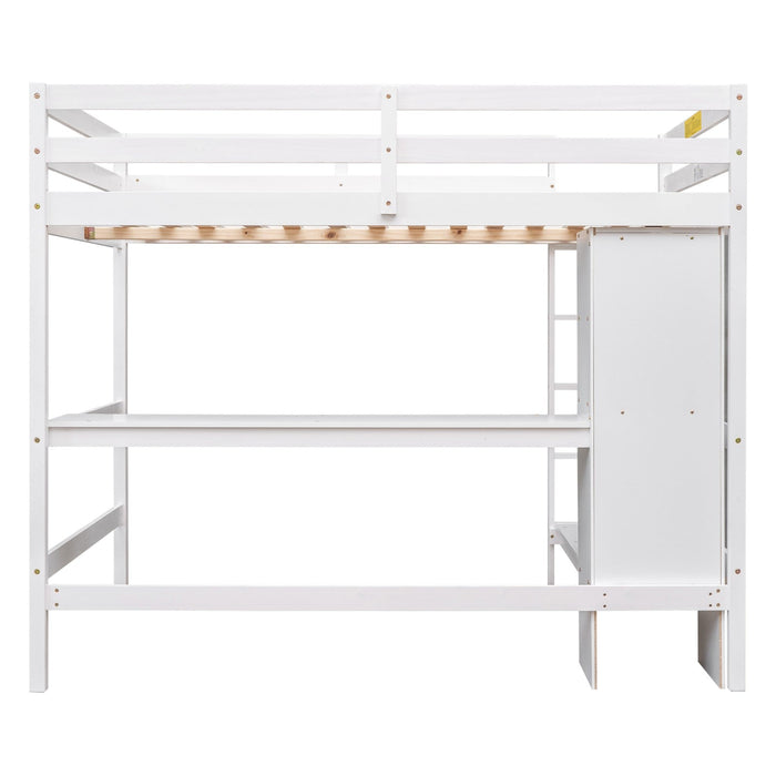 Full Size Loft Bed with Multifunction Shelves and Under - bed Desk - Gear Elevation