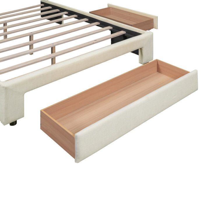 Full Size Upholstered Platform Bed with One Large Drawer in the Footboard and a Drawer on Each Side - Gear Elevation
