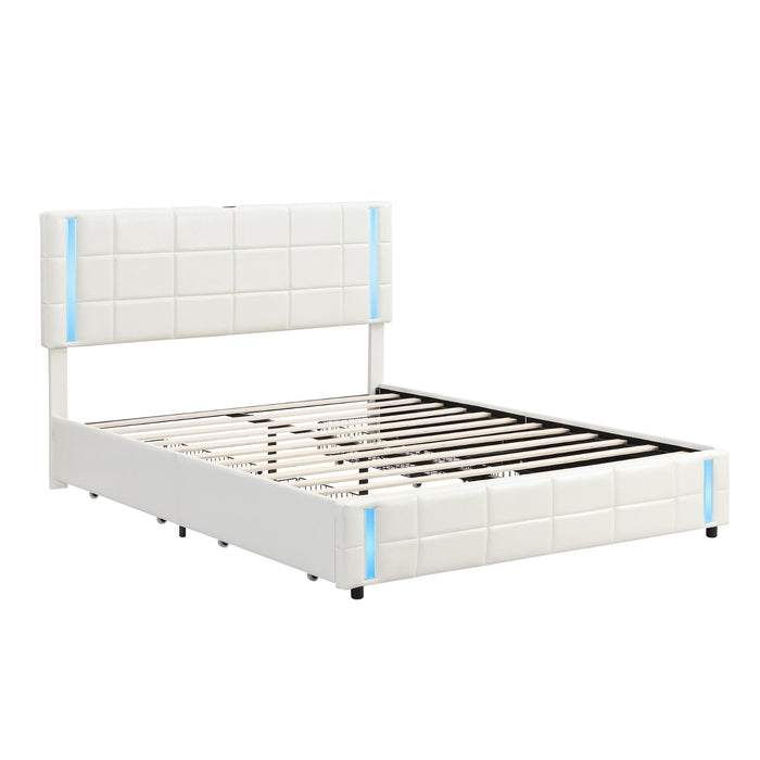 LED Bed Frame - Queen Size Upholstered Platform Bed with LED Lights and USB Charging, Storage Bed with 4 Drawers, White - Gear Elevation