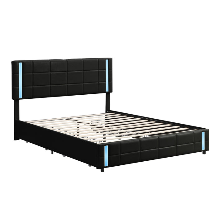Queen Size Upholstered Platform Bed with LED Lights and USB Charging, Storage Bed with 4 Drawers - Gear Elevation