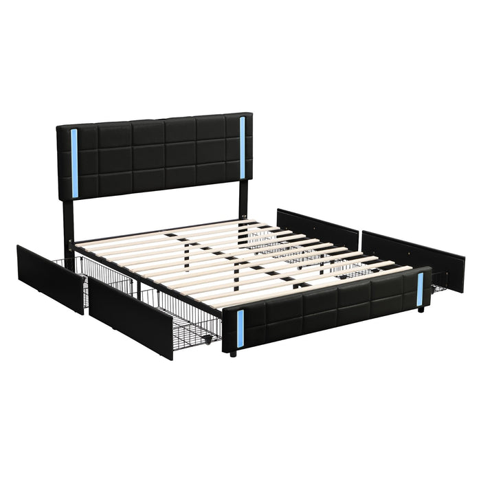 Queen Size Upholstered Platform Bed with LED Lights and USB Charging, Storage Bed with 4 Drawers - Gear Elevation
