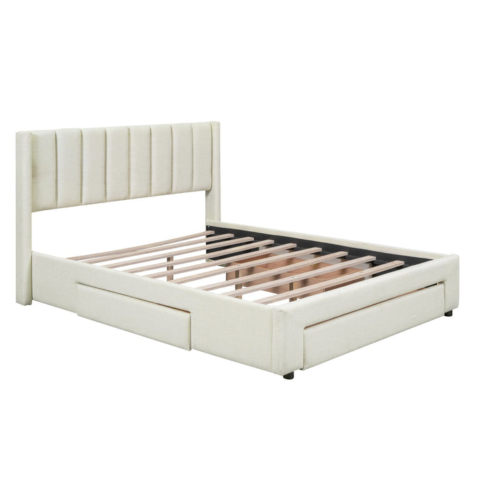Queen Size Upholstered Platform Bed with One Large Drawer in the Footboard and Drawer on Each Side - Gear Elevation