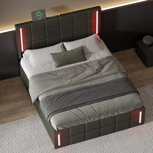 Smart Charge LED Bed - Full Size Upholstered Bed with LED Lights Hydraulic Storage System and USB Charging Station, Black - Gear Elevation