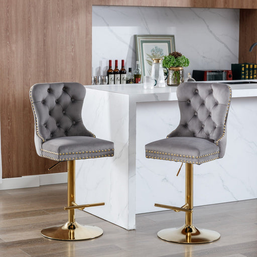 Thick Gold Rotating Velvet Bar Stool with Adjustable Seat Height of 25 - 33 inches and Backrest (Gray, set of 2 pieces) - Gear Elevation