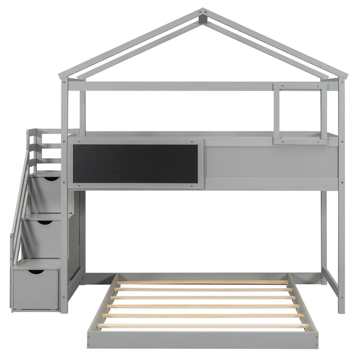 Twin over Full House Bunk Bed with Storage Staircase and Blackboard - Gear Elevation