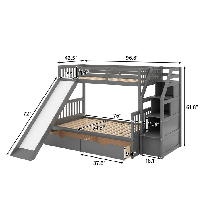 Twin over Full Multifunction Bunk Bed with Drawers, Storage, and Slide - Gear Elevation