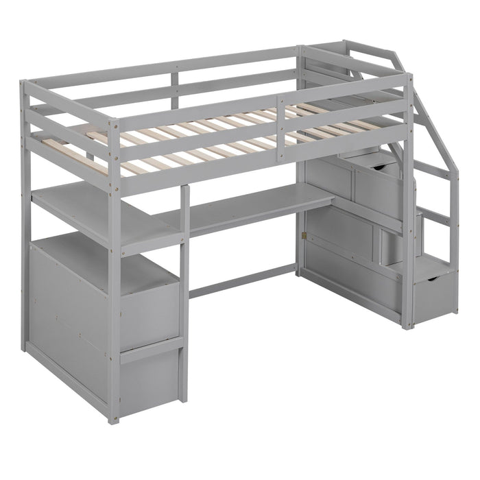 Twin Size Loft Bed with Desk, Shelves, Two Built - in Drawers, and Storage Staircase - Gear Elevation
