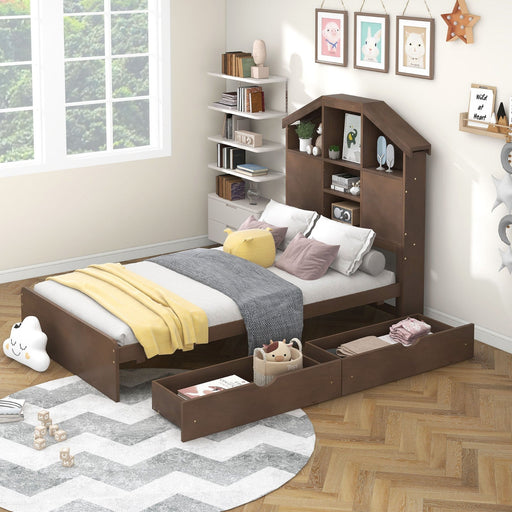 Twin - Size Wood Platform Bed with House - Shaped Storage Headboard and 2 Drawers - Gear Elevation