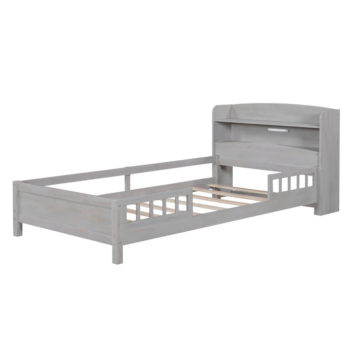 Wood Twin Size Platform Bed with Built - in LED Light, Storage Headboard, and Guardrail - Gear Elevation